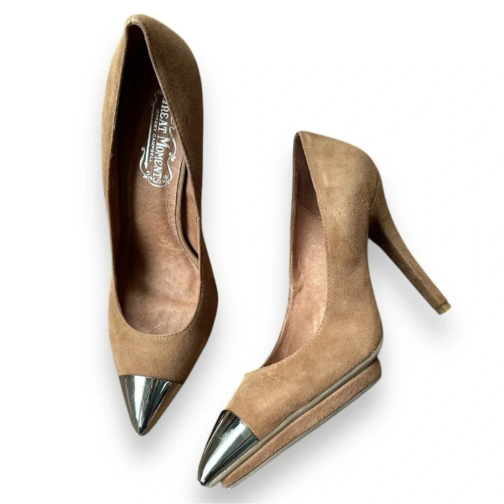 New Jeffery Campbell Bullet Beige Suede Silver Capped Pointed Toe Pumps | 9